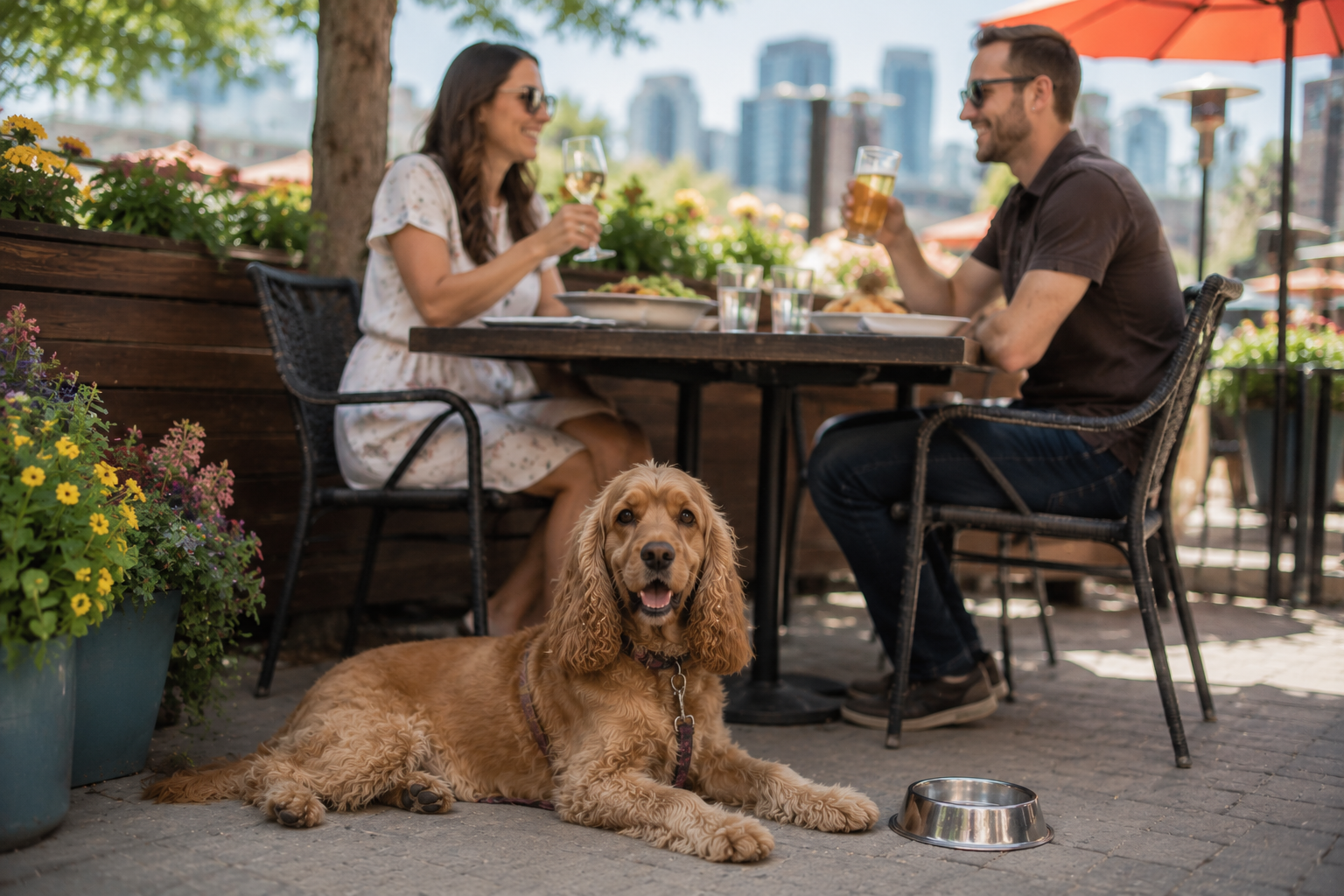 A golden retriever lying on the ground near a metal water bowl while a man and woman sit at an outdoor cafe table holding drinks