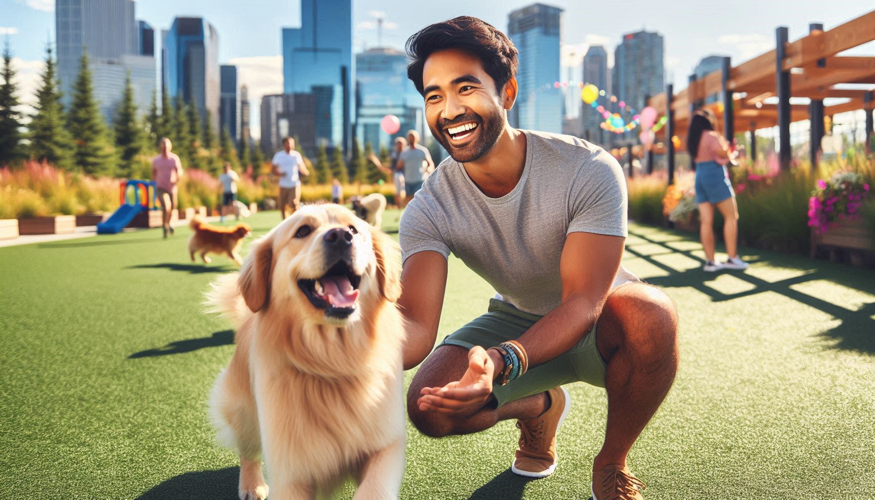 A man in a gray shirt kneels on grass, happily playing with a golden retriever in a sunny city park. People and skyscrapers are in the background.