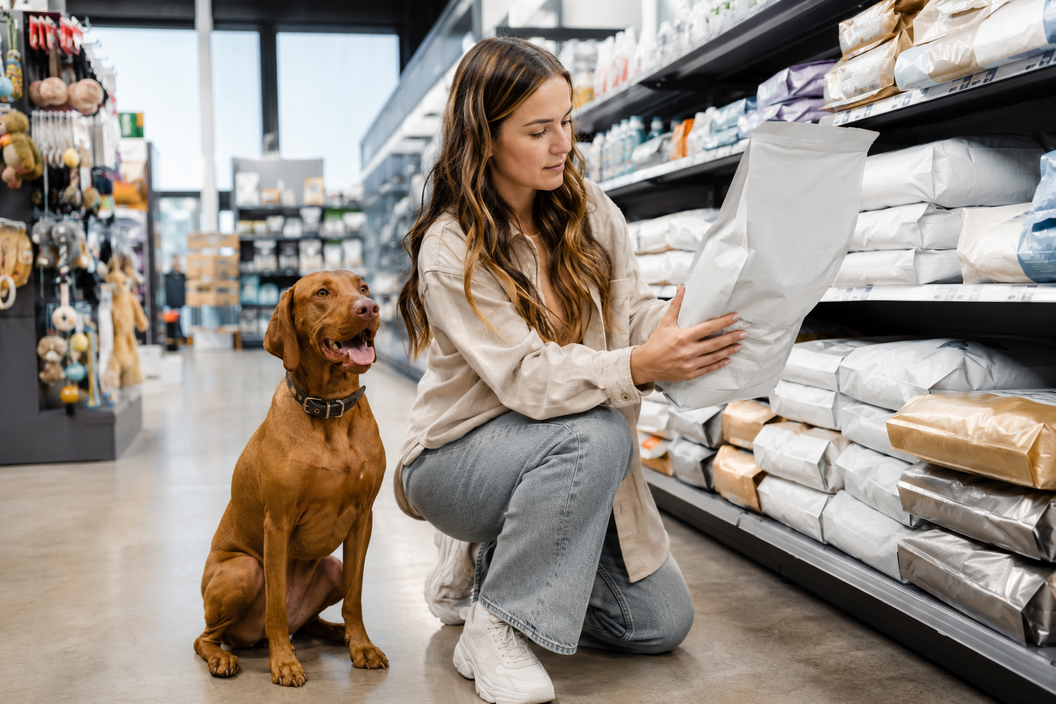 Woman kneeling in a pet store aisle examining a bag of pet food while a brown dog sits beside her