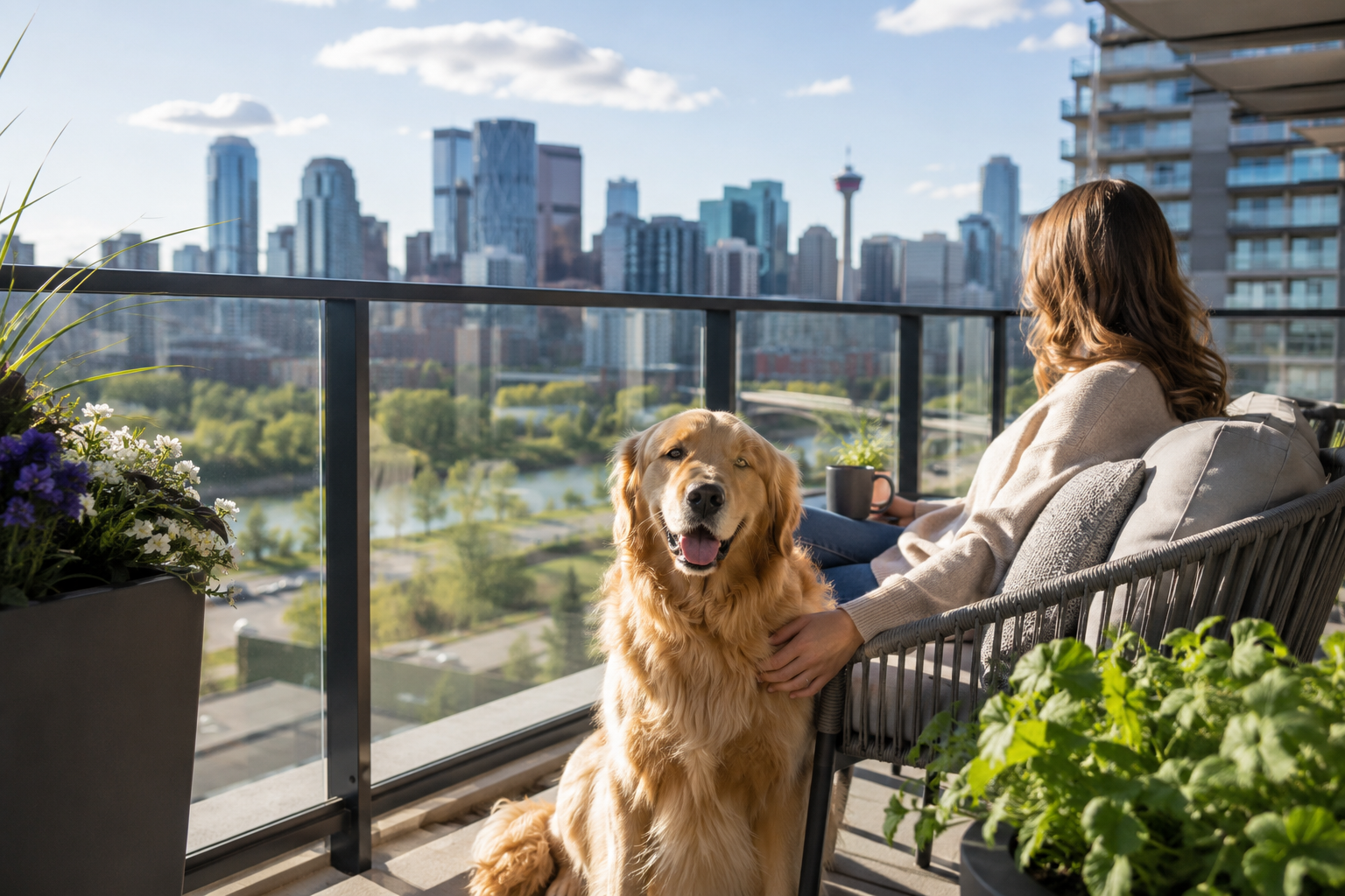 Generate this image: Happy Golden Retriever sitting beside its owner on the balcony of a modern high-rise apartment overlooking downtown Calgary, bright sunny day, spacious pet-friendly balcony with outdoor seating and plants, realistic commercial lifestyle photography, natural lighting, no text, no logos