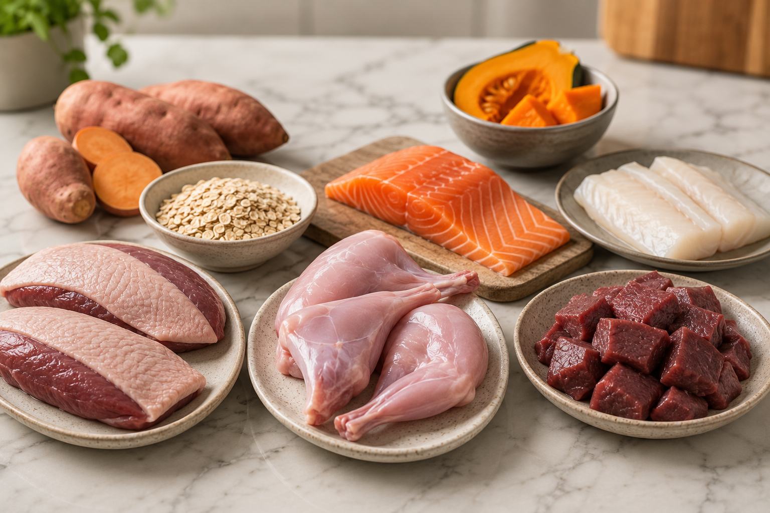 Plates of raw meats including duck breast, chicken legs, diced beef, salmon fillet, white fish fillets, along with sweet potatoes, oats, and sliced pumpkin in bowls