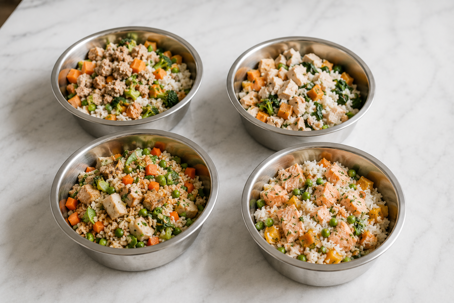 Four stainless steel dog bowls containing different balanced homemade dog meals made with turkey, chicken, fish, rice, sweet potato and vegetables arranged neatly on a white marble countertop, realistic food photography, bright natural lighting, no branding, no text