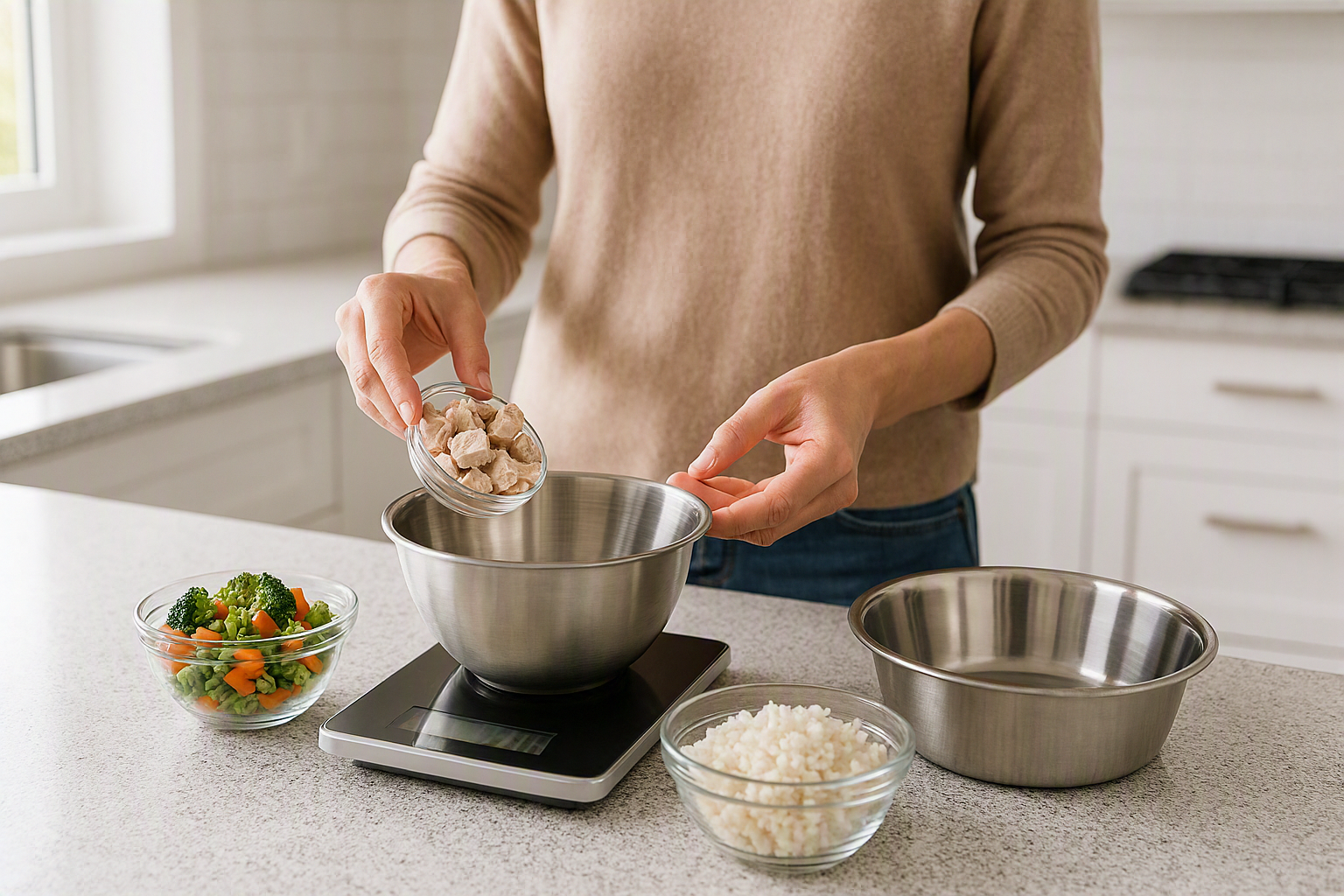 Dog owner preparing a balanced homemade meal for their dog in a bright modern kitchen, measuring cooked turkey, vegetables and rice using a digital kitchen scale, stainless steel mixing bowl on countertop, realistic lifestyle photography, natural lighting, no text, no logos