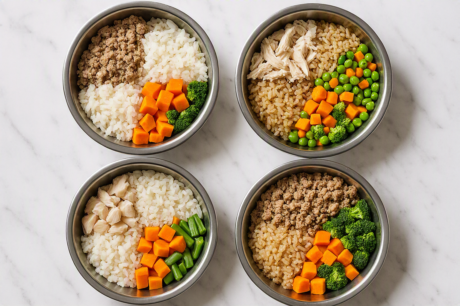 Four stainless steel dog bowls containing different balanced homemade dog meals made with turkey, chicken, fish, rice, sweet potato and vegetables arranged neatly on a white marble countertop, realistic food photography, bright natural lighting, no branding, no text