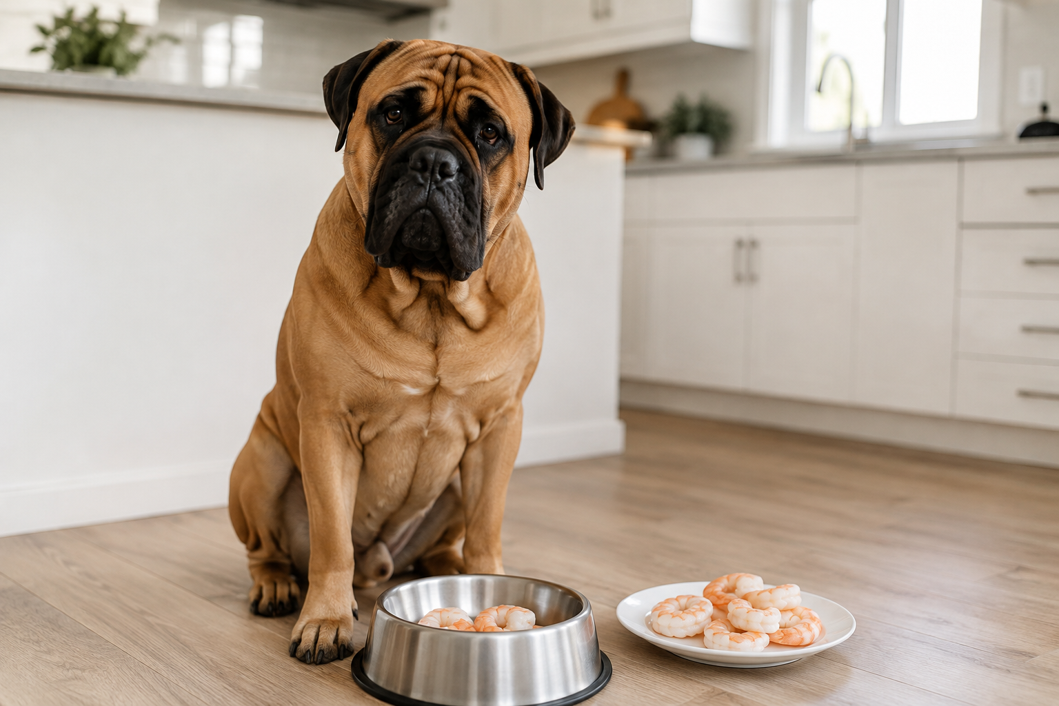 Healthy bullmastiff sitting beside a stainless steel dog bowl containing a small portion of plain cooked shrimp, several peeled cooked shrimp arranged on a clean white plate nearby, bright modern kitchen, natural window lighting, realistic professional pet nutrition photography, clean and inviting composition, shallow depth of field, no text, no logos, no branding