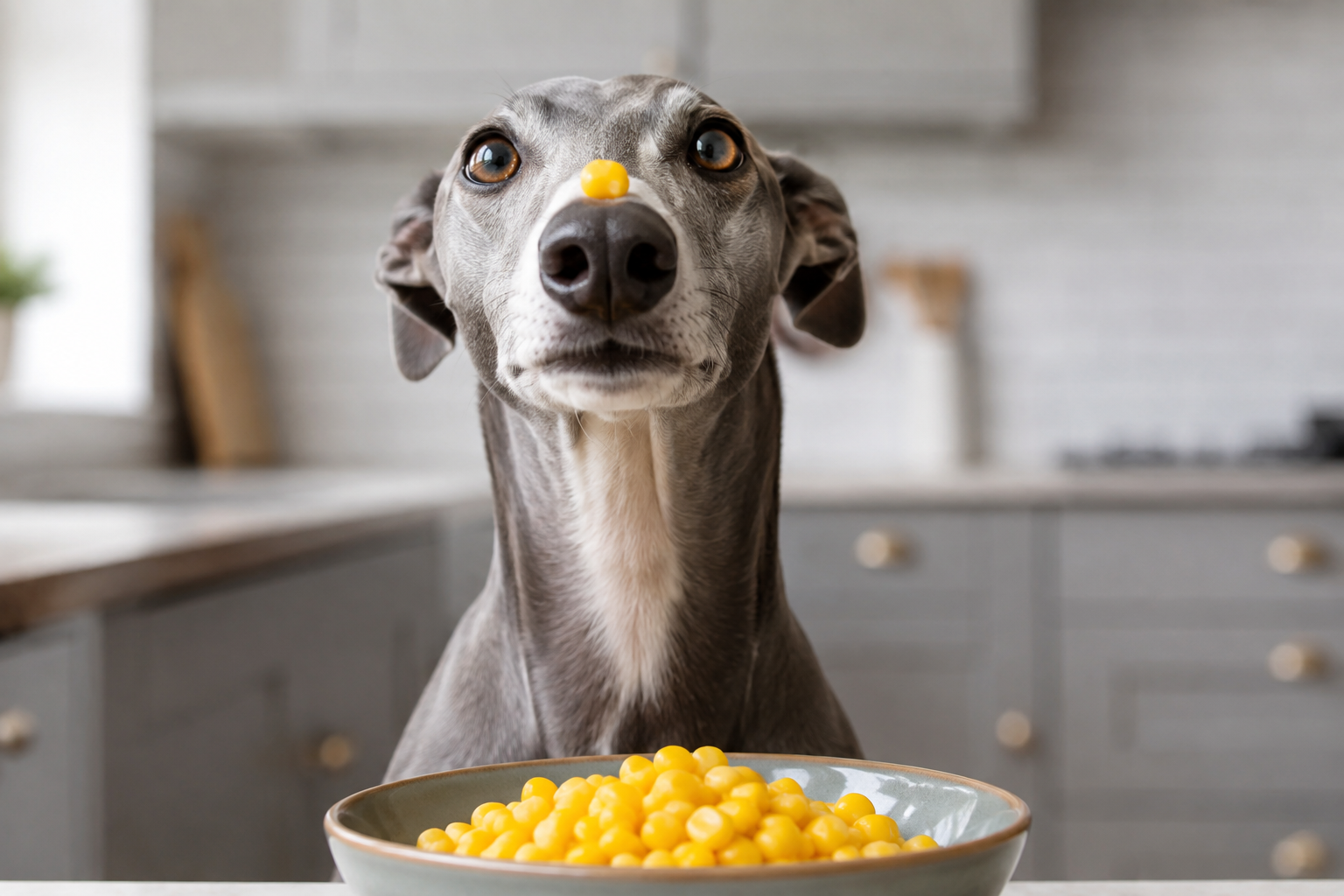 Adorable grey hound sitting patiently with a single corn kernel balanced perfectly on its nose, intensely focused expression, bowl of corn kernels in front of the dog, humorous training moment, bright modern kitchen, realistic professional pet photography, shallow depth of field, natural lighting, no text, no logos