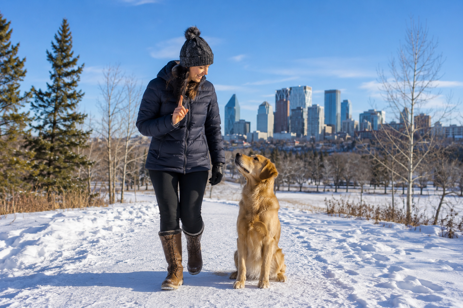 Dog and owner practicing obedience training outdoors during a beautiful Calgary winter day, light snow on the ground, dog wearing no unnecessary clothing, owner dressed warmly, bright blue sky, realistic professional pet photography, crisp editorial style, no text, no logos
