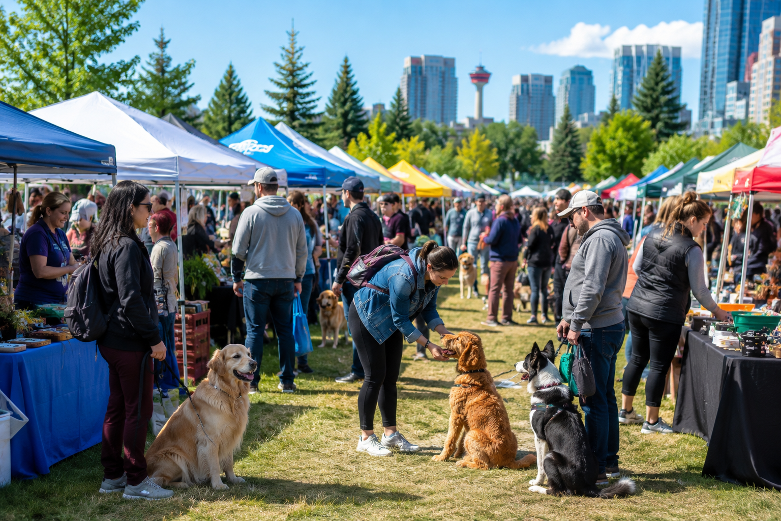 Bustling outdoor dog festival in Calgary with dogs and their owners exploring pet-related vendor booths, cheerful people, colorful tents, dogs sitting calmly beside their owners, lively but wholesome community atmosphere