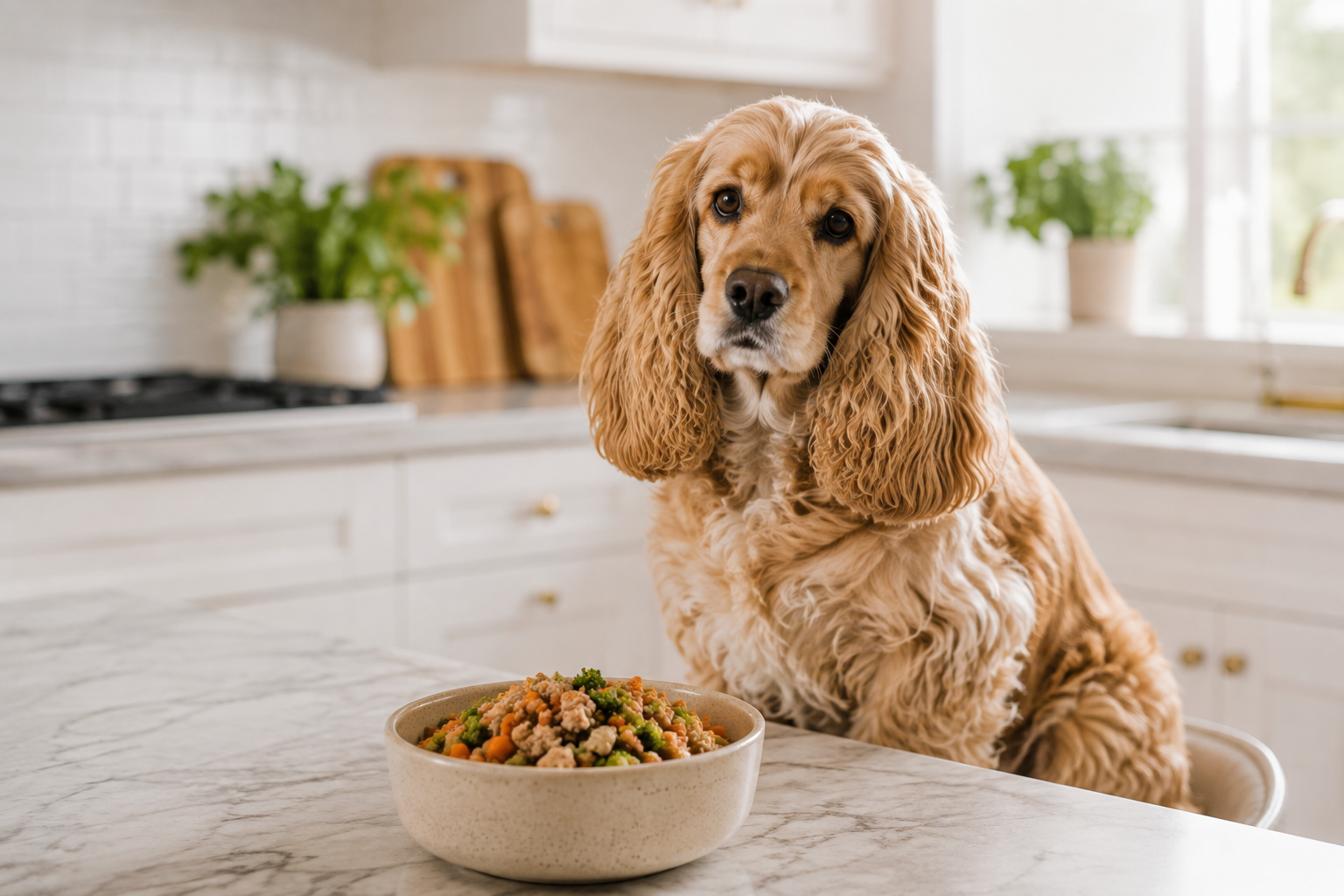 Golden cocker spaniel sitting behind a bowl of food on a kitchen counter