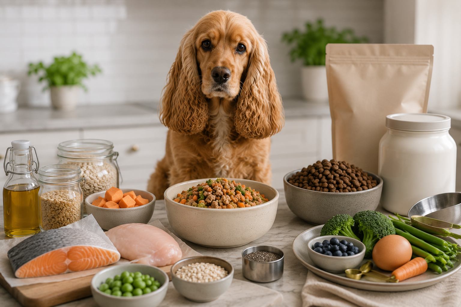 a cocker spaniel in front of giant bowl of homemade dog food, surrounded by ingredients and a bowl of kibble off to the side.