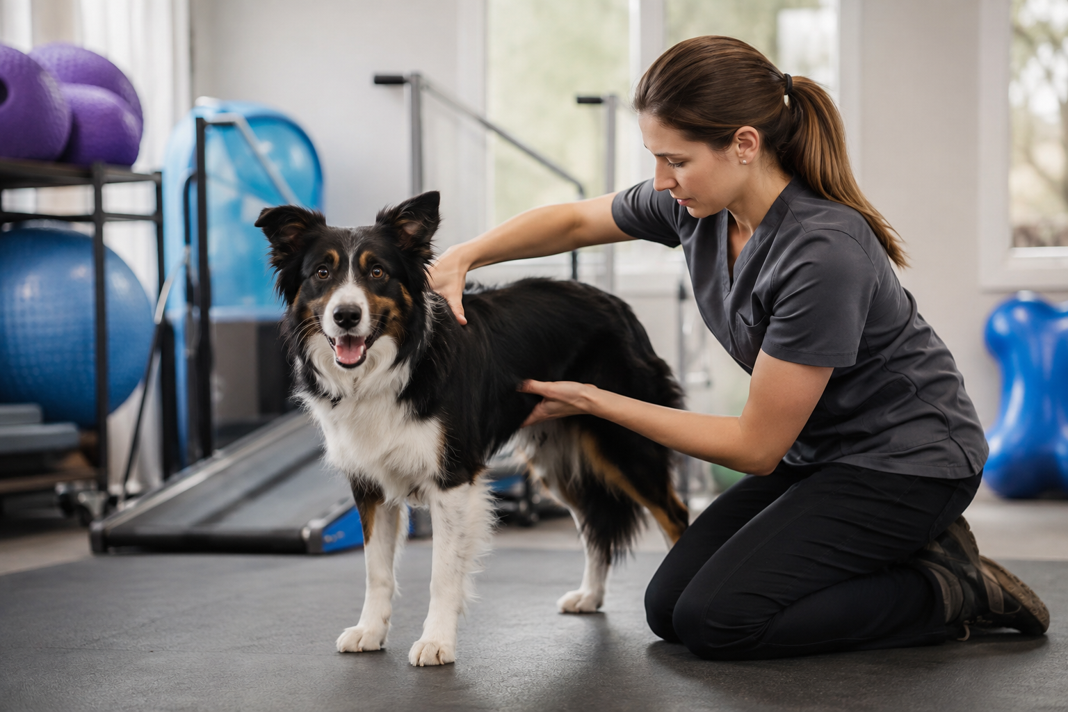 Professional veterinary rehabilitation session with a healthy-looking border collie receiving gentle hands-on care from a certified canine rehabilitation therapist, therapist carefully examining the dog's back and posture