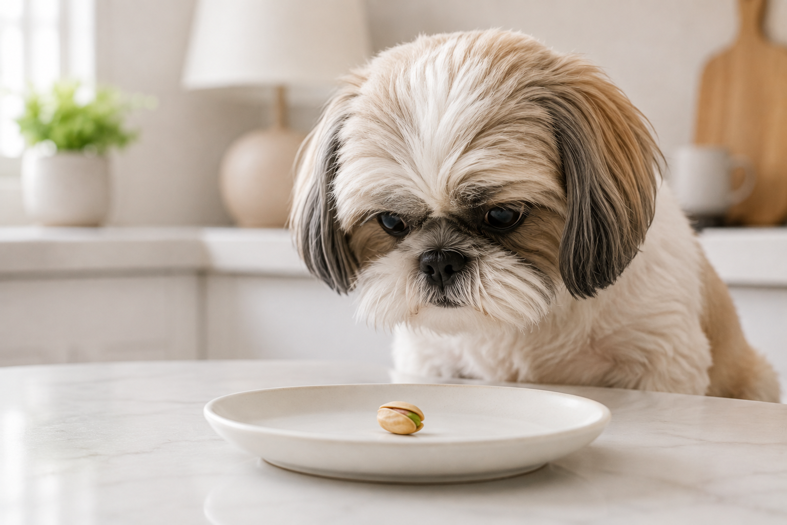 a curious shih tzu staring at a single pistachio on a plate