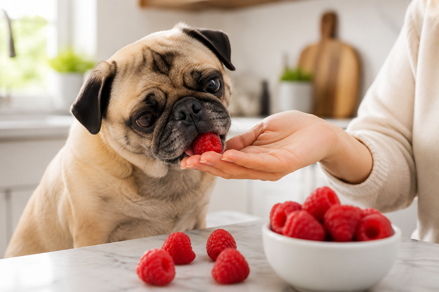 Adorable pug gently eating fresh raspberries from its owner's hand, a few ripe raspberries naturally visible in the foreground