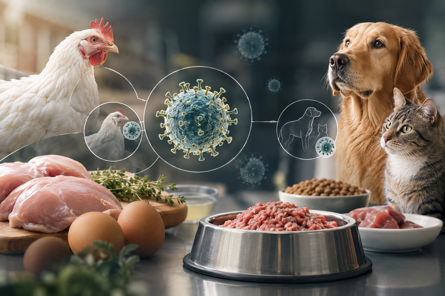 Sophisticated scientific editorial illustration representing H5N1 avian influenza and companion animal food safety, microscopic viral particles subtly integrated with abstract poultry and pet food imagery